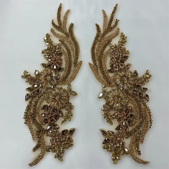 1 Pair 14" x 4" Each Side Crystal Rhinestone Beaded & Corded Lace 100% Polyester Coral Color {3}