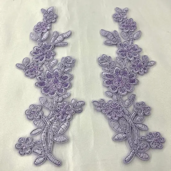 1 Pair Beaded & Corded Floral Lace Applique 10" x 2" Each Side Lilac {1}