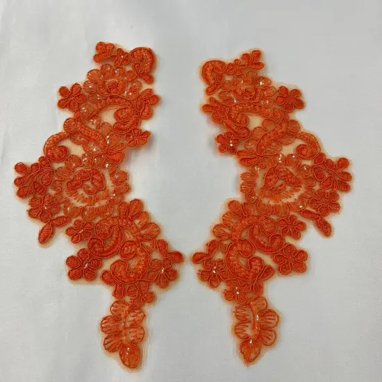 1 Pair 9" x 3" Each Side Beaded & Corded Floral Lace Applique Organza Orange {1}