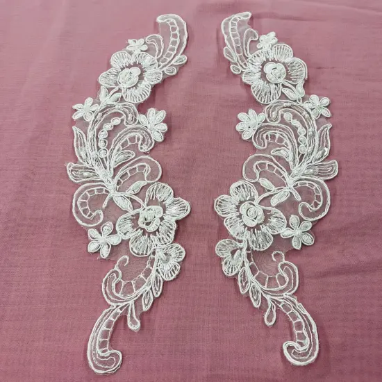 1 Pair Beaded & Corded Floral Lace Applique 10" x 3" Each Side white {2}