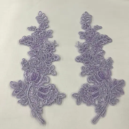 1 Pair Beaded & Corded Floral Lace Applique 100% Polyester Net Mesh 12" X 3.5" Each Side Lilac Color {1}