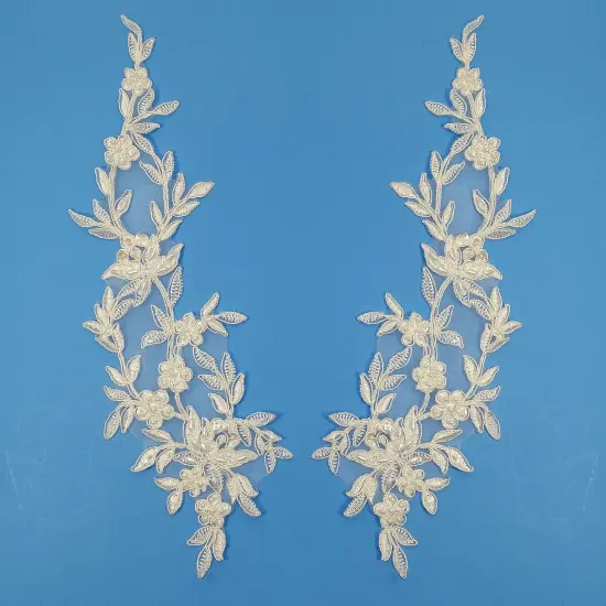 1 Pair Beaded & Corded Floral Lace Applique Embroidered on 100% Polyester Organza 13" x 4" Each Side Ivory /Gold {5}