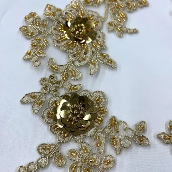 1 Pair Beaded & Corded Floral 3D Lace Applique Embroidered on 100% Polyester Net Mesh, 14" X 3 " Wide Each Side Silver {6}