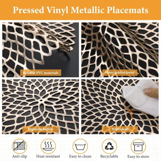 48 Packs Gold Round Placemats 15 Inch Hollow Out Pressed Vinyl Place Mats Bulk, Non Slip Washable PVC Chargers Place Mat for Christmas Dining Wedding Holiday Party Home Kitchen Dinner Table {3}