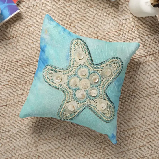 Blue & Ivory Starfish Throw Pillow 18" x 18" &ndash; Hand Embroidered with Beadwork {1}