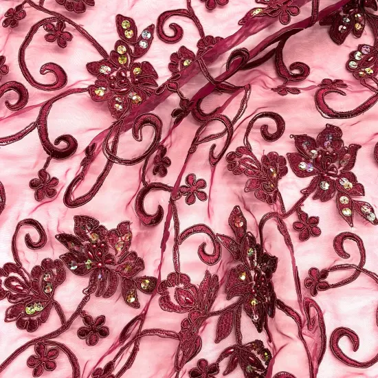 1 Yard Exquisite Beaded & Corded Bridal Fabric Lace Embroidered on 100% Polyester Organza 54 Inch Width Wine {2}