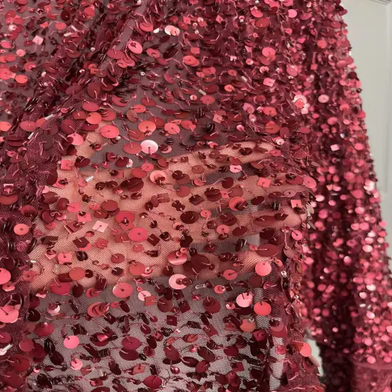 1 Yard Sequined Lace Fabric on 100% Polyester Net Mesh, Embroidered Elegant Lace Material Burgundy {6}