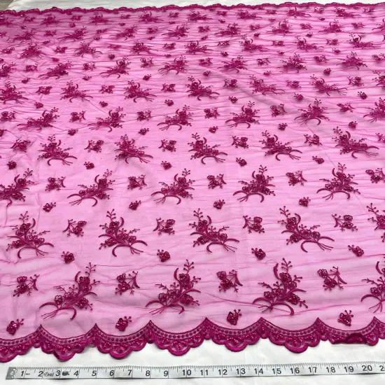 1 Yard Dazzling Beaded Lace Fabric Embroidered on 100% Polyester Net Mesh 54 Inch Width Fuchsia {1}