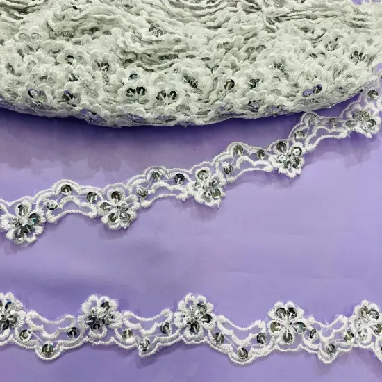 1 Yard Beaded Lace Trim on Organza 1&Prime; Wide Embroidered Polyester for Bridal, Veils & Dress Accents White/Silver {1}