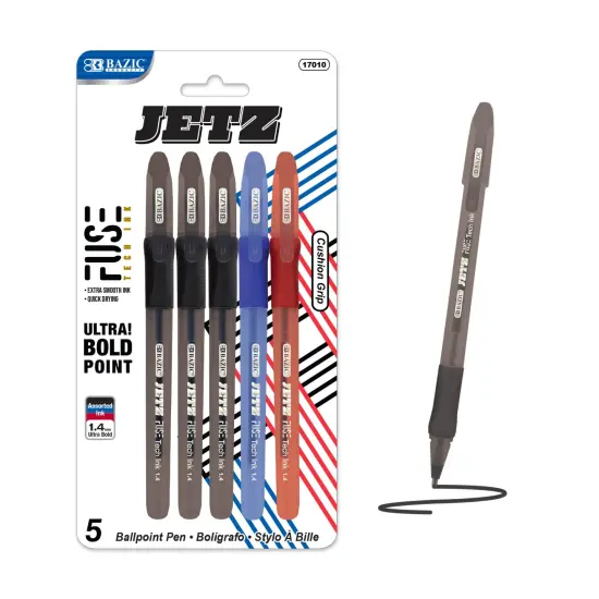 BAZIC Jetz 1.4 mm Tip Asst. Color FUSE Tech Ink Pen w/ Cushion Grip (5/Pack) {1}