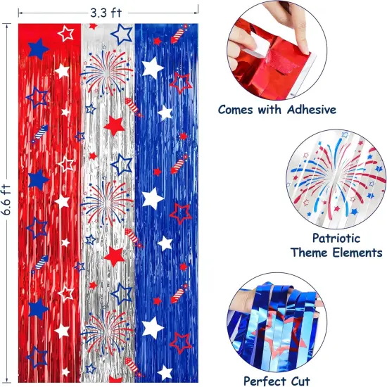 4th of July Party Decorations Red White Blue Foil Fringe Curtains, 2 Pack 3.3 x 6.6 FT Star Firework Patriotic Decor Fourth of July Photo Backdrop Streamers for Memorial Day Independence Day Labor Day {2}