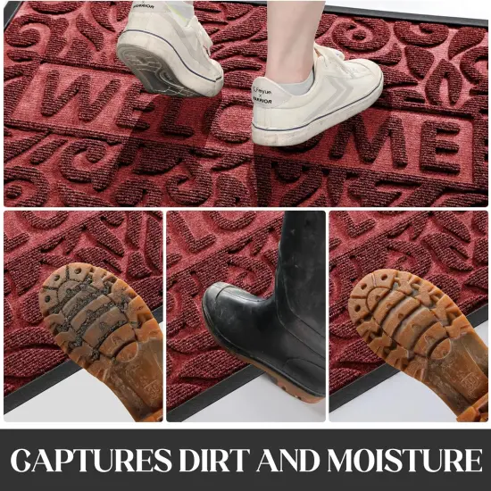 Welcome Mat Outdoor Indoor, 29.5x17 Waterproof Door Mat Outside Entrance, All-Weather Non Slip Door Mat Outside Entrance, Low-Profile Front Door Mat, Porch and Patio Entryway Mat, Wine Red {5}