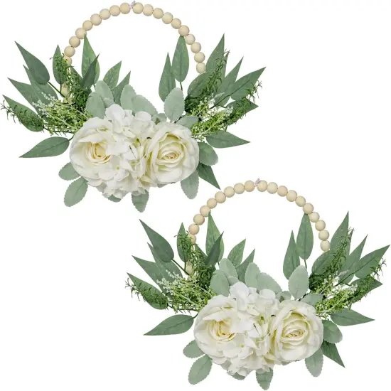 Spring Wreaths for Front Door 10" Artificial Floral Wood Bead Wreaths Eucalyptus Leaves Rose Hydrangea Wreaths for Front Door Boho Farmhouse Wall Decor 2 Pack - White {5}