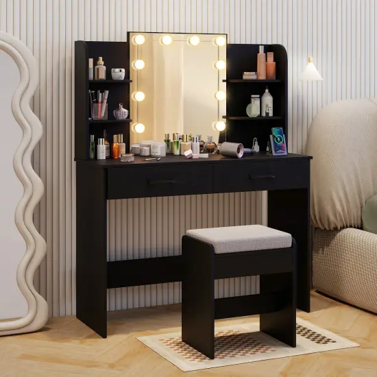 Vanity Set with Lighted Mirror and Stool for Easy Storage and Charging Black {6}