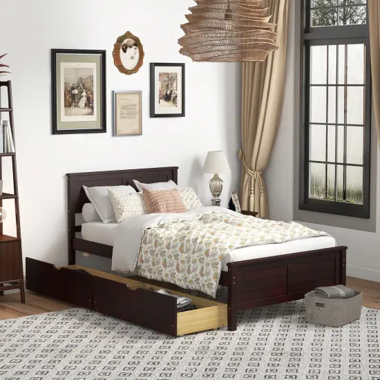 Twin Size Platform Bed with Drawers, Wood Headboard and Sturdy Frame Espresso {3}