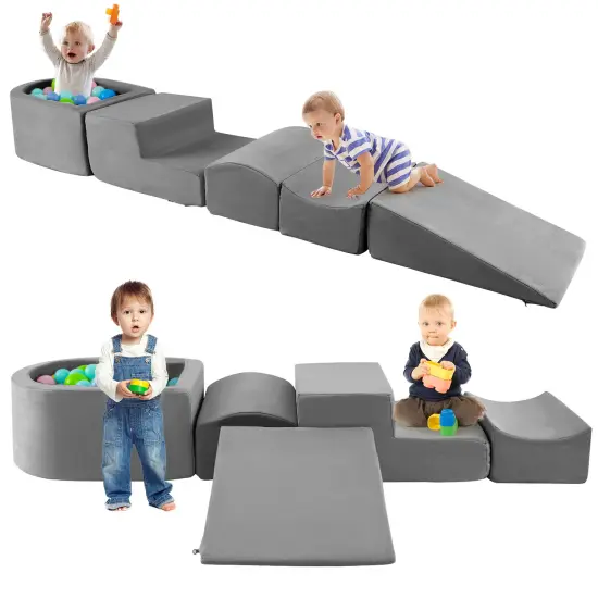 Soft Play 5-Piece Climbing Blocks Set with Slide, Ball Pit, Step and Concave for Kids Gray {1}
