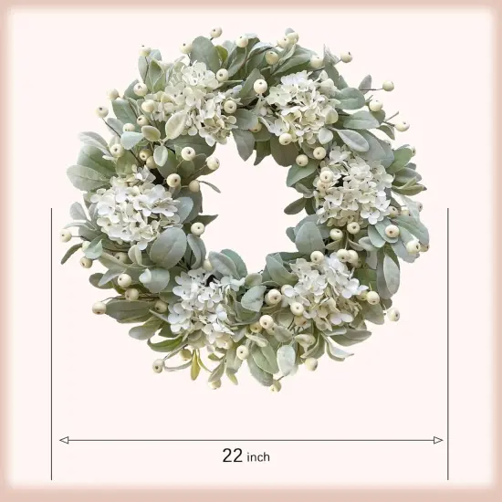 22 Inch Lambs Ears Leaves Everyday Wreath with Ivory Hydrangea and Cream Berries, Spring Summer Greenery Wreath with Burlap Ribbon Bow Knot for Doors, Rustic and Farmhouse Style Home Decor {3}