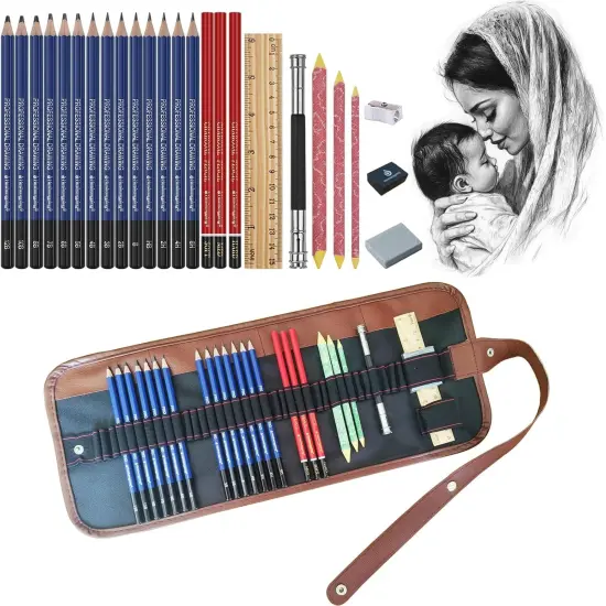 Drawing Sketching Pencil Set, 26 pcs Draw Supplies Kit, 14 Graphite (12B -6H), Charcoal Erasers Sharpener Extender, Ideal for Drawing Art, Sketching, Shading, Artist Pencils for Beginners Pro Artists {1}