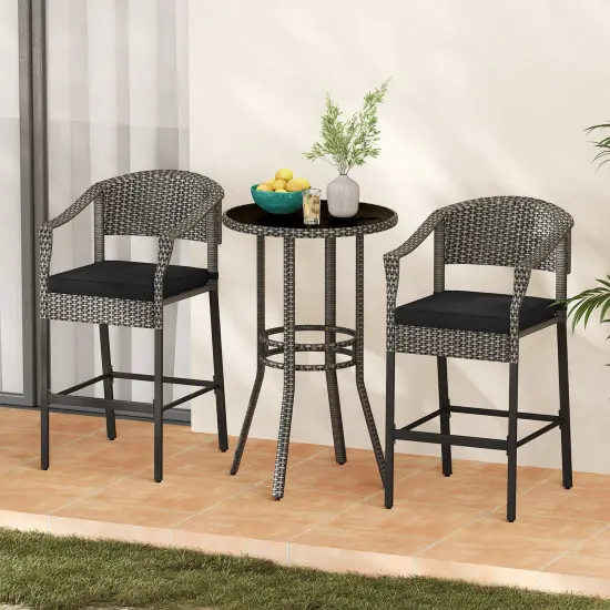 3-Piece Patio Rattan Bar Set with Round Glass Table-Top and 2 Armchairs Gray {6}