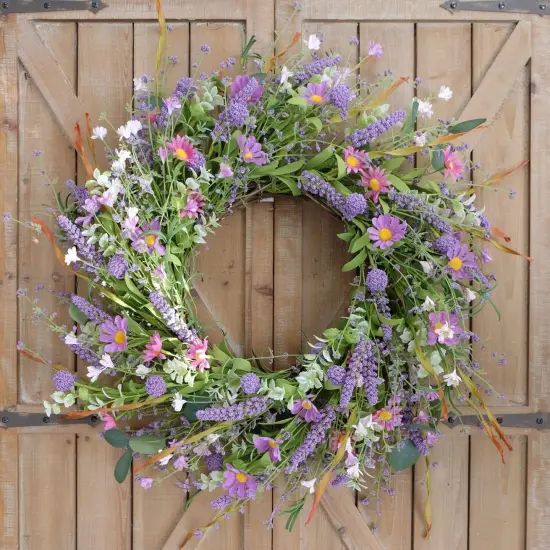 22 Inch Purple Flower Wreath - Spring/Summer Artificial Wildflowers & Green Leaves for Front Door, Indoor/Outdoor {4}