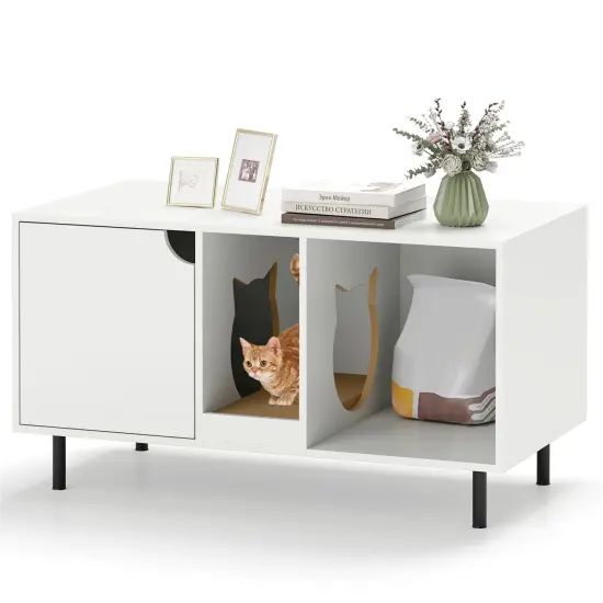 Engineered Wood Cat Litter Box Cabinet with Scratcher and Storage White {4}