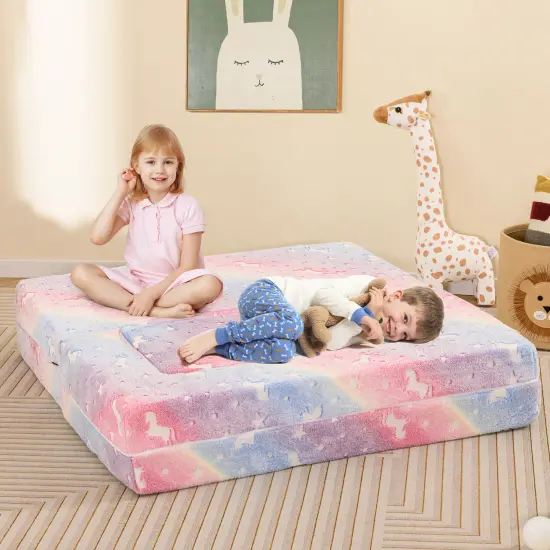 2 Seater Kids Play Couch with Removable and Machine Washable Flannel Cover-Color Multicolor {2}