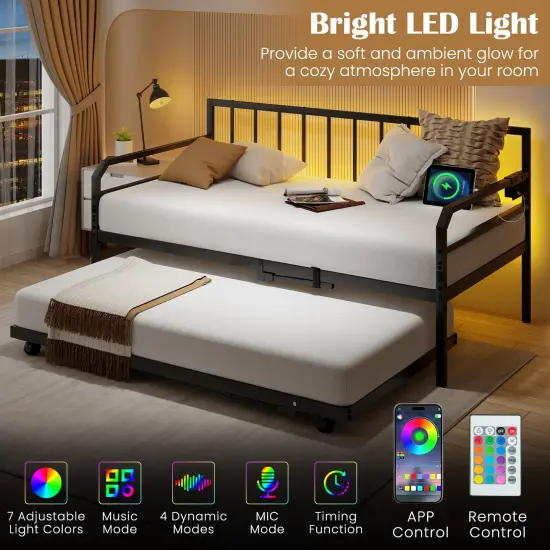 Adjustable Twin Daybed with Pop-Up Trundle, LED Lights and Power Strip Black {6}