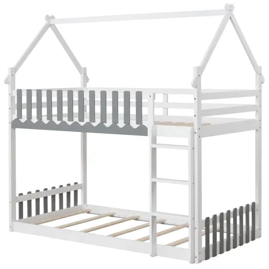 Pine Wood House Bunk Bed, Twin Over Twin, Sturdy Frame and Safe Ladder White {1}