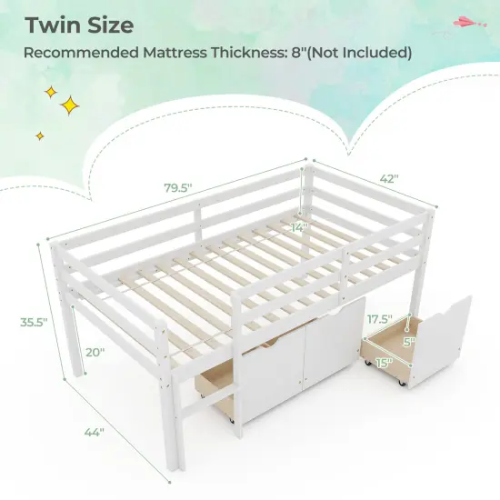 Twin Size Low Loft Bed with 3 Storage Drawers Ladder and Guardrails White {5}