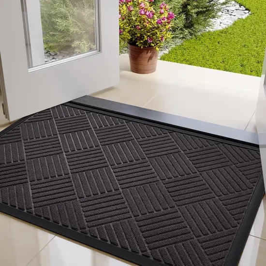Front Door Mat Outside Entrance, Indoor Outdoor Low Profile Rubber Doormat, Waterproof Heavy Duty Patio Mat, Fade Resistant, Easy Clean All-Weather Durable, Small 17x29.5 inch Grey Striped {1}
