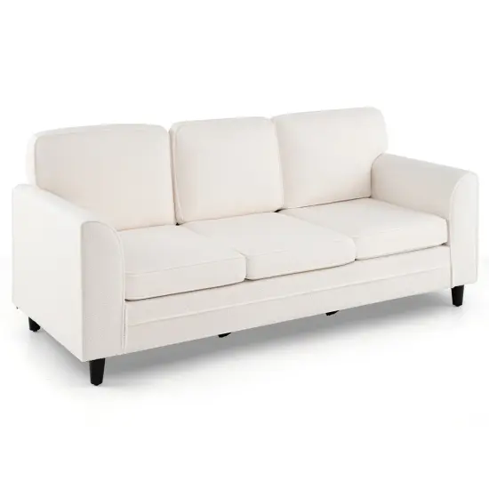 Modern 3-Seater Sofa Couch with Soft Teddy Velvet Ergonomic Cushions Wood Legs for Living Room White {3}
