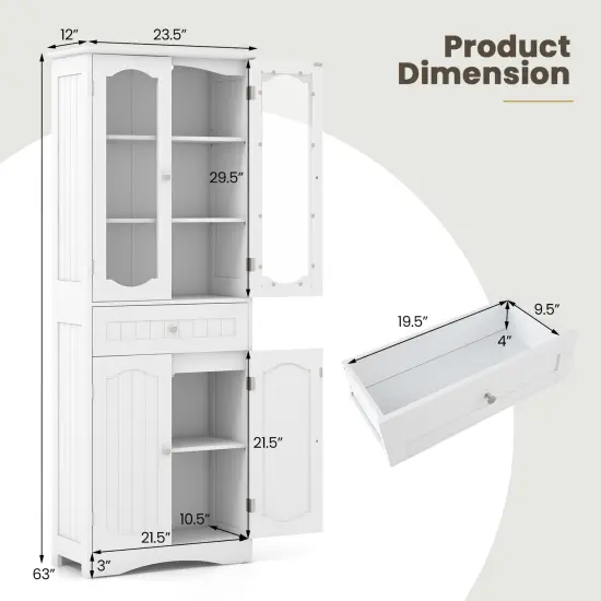 63 Inch Tall Freestanding Bathroom Storage Cabinet with 3-Position Adjustable Shelves and 2 Glass Doors White {5}