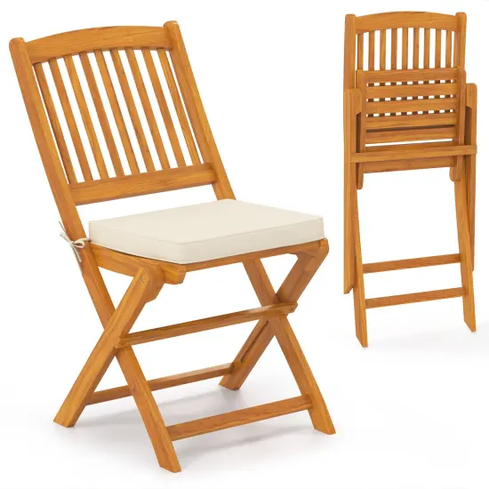 Set of 2 Armless Outdoor Folding Chairs with Seat Cushions and Slatted Backrest Beige {4}