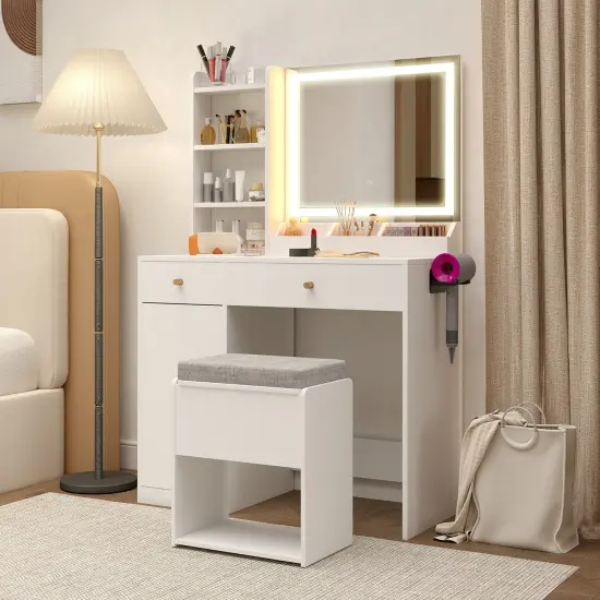 Vanity Set with 3-Color Adjustable Lights, Storage, Charging Ports and Stool White {5}