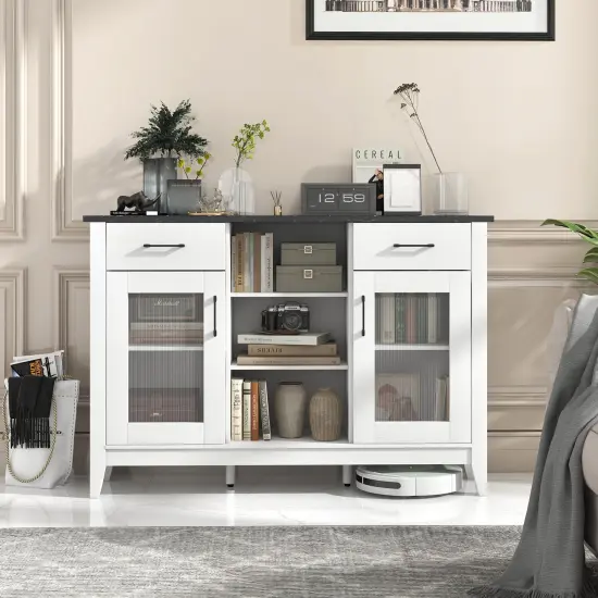 Sideboard Buffet Cabinet with 3 Open Cubes and 4 Adjustable Shelves Ideal for Home Appliances or Decorations White {2}