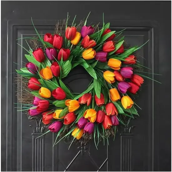 Tulip Wreath for Front Door, 18 Inch Spring Red Tulip Flower Wreath with Green Leaves Wreaths for All Seasons Window Wall Wedding Holiday Party Farmhouse Decorations Indoor Outdoor {3}