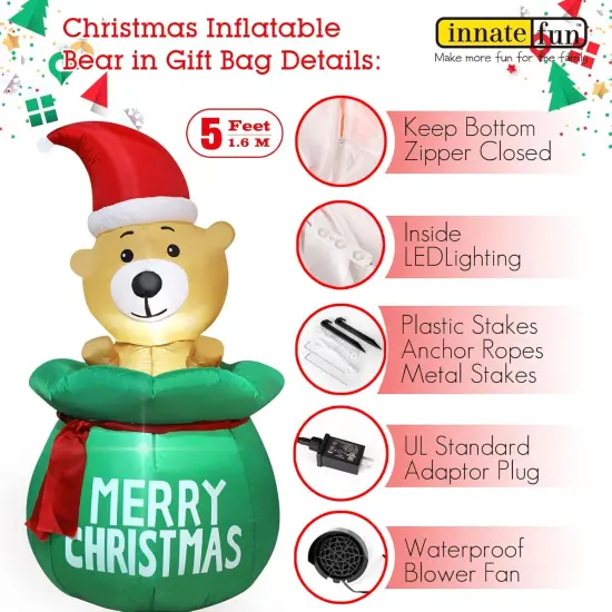 5 Feet Christmas Inflatable Bear Yard Decoration Giant Build-in Lighted Inflatable Christmas Bear Garden Lawn Yard Decor with Built in Fan and Anchor Ropes&hellip; {4}