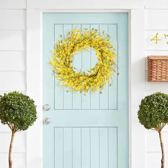 24" Spring Wreaths for Front Door Artificial Forsythia Flower Wreath on Grapevine Yellow Wreath with Green Leaves Silk Floral Wreath for Home Indoor Wall Window Garden Porch Farmhosue Decor {5}