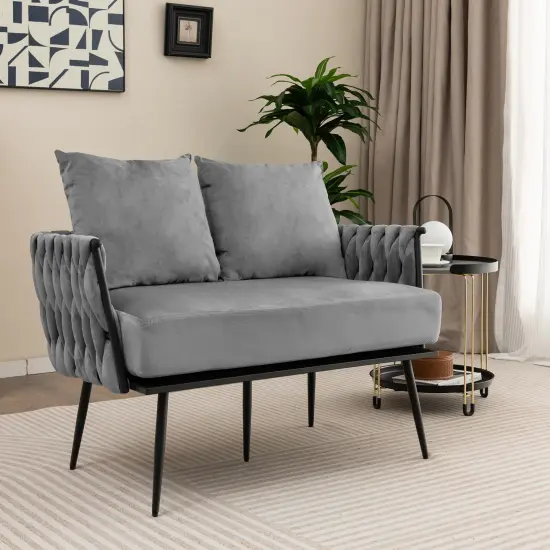 Velvet Woven Loveseat and Cozy 2-Seater Sofa with Metal Legs Gray {6}