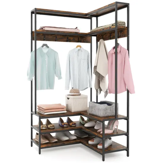 Multi-purpose Coat Rack with Open Shelves & Metal Hooks for Storage Rustic Brown {4}