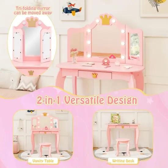 MDF and Acrylic Kids Vanity Set with Tri-Fold Mirror, LED Lights and Storage Pink {6}