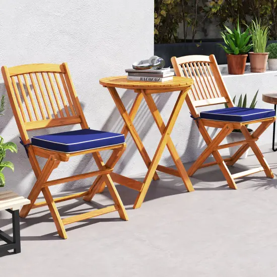 3 Pieces Acacia Wood Patio Folding Bistro Set with Soft Cushions and Slatted Backrest Navy {3}
