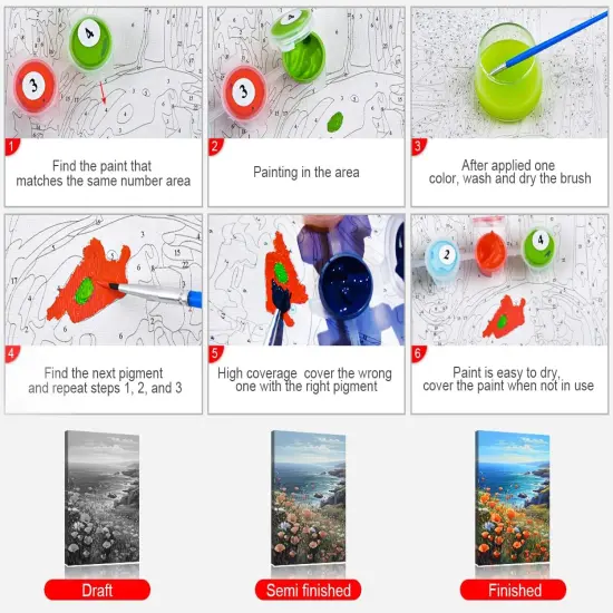 Paint by Number for Adults Flowers Sea Landscape Paint-by-Number Kits Poppies Ocean Kids Adult Paint by Number Sea View DIY Painting by Numbers for Adults Canvas Arts Craft, 16"x20" {4}