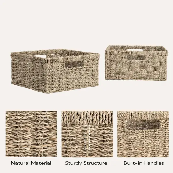 Spring Storage Baskets, Handwoven Seagrass Basket for Organizing, Decorative Wicker Baskets with Built-in Handles {2}