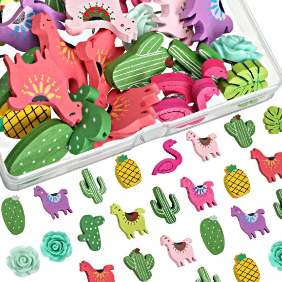 30 Pieces Decorative Push Pins Set Tropical Wooden Push Pins Thumbtacks Cute Cactus Llama Flamingo Alpaca Leaf Thumb Tacks for Cork Board Photos Wall Home Office School Supplies, 15 Styles {1}
