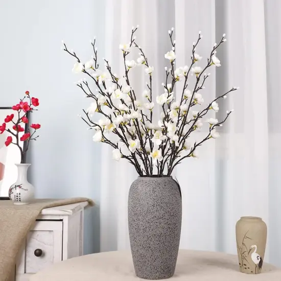 6 Pcs Artificial Plum Blossom Fake Wintersweet Long Stem Plastic Flowers Home Hotel Office Wedding Party Garden Decor 21.5'' High White {2}