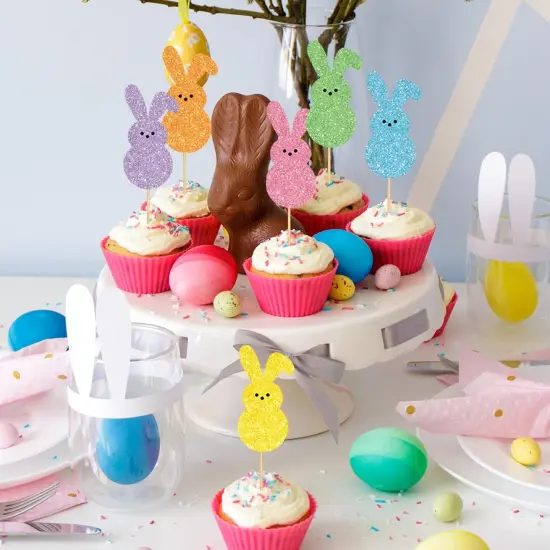 48Pcs Easter Cupcake Topper Glitter Bunny Cupcake Picks Colorful Rabbit Food Picks for Easter Spring Birthday Cake Decoration Supplies {4}