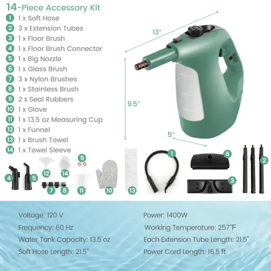 14-Piece Handheld Steam Cleaner with Long Power Cord and 1400W High Output Green {2}