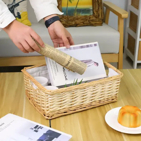 Rectangular Spring Wicker Storage Basket Woven Rattan Basket with Handle, Baskets for Organizing, Bedroom,Living room,Pantry (Wicker with lining) {4}