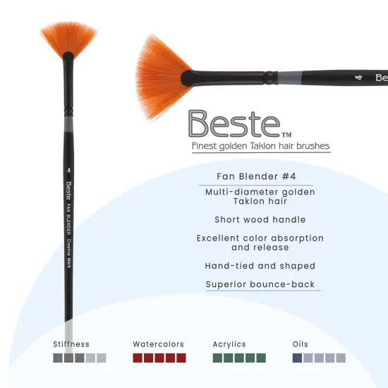 Creative Mark Beste Golden Taklon Fan Blender, #4 Artist Paint Brush, Professional Watercolor Brushes, For Acrylic Painting, Short Handle, Sharp Edges, Hand-Tied & Shaped {3}